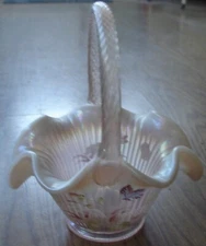 Fenton Iridescent Pink Butterfly & Daisy Ribbed Ruffled Basket