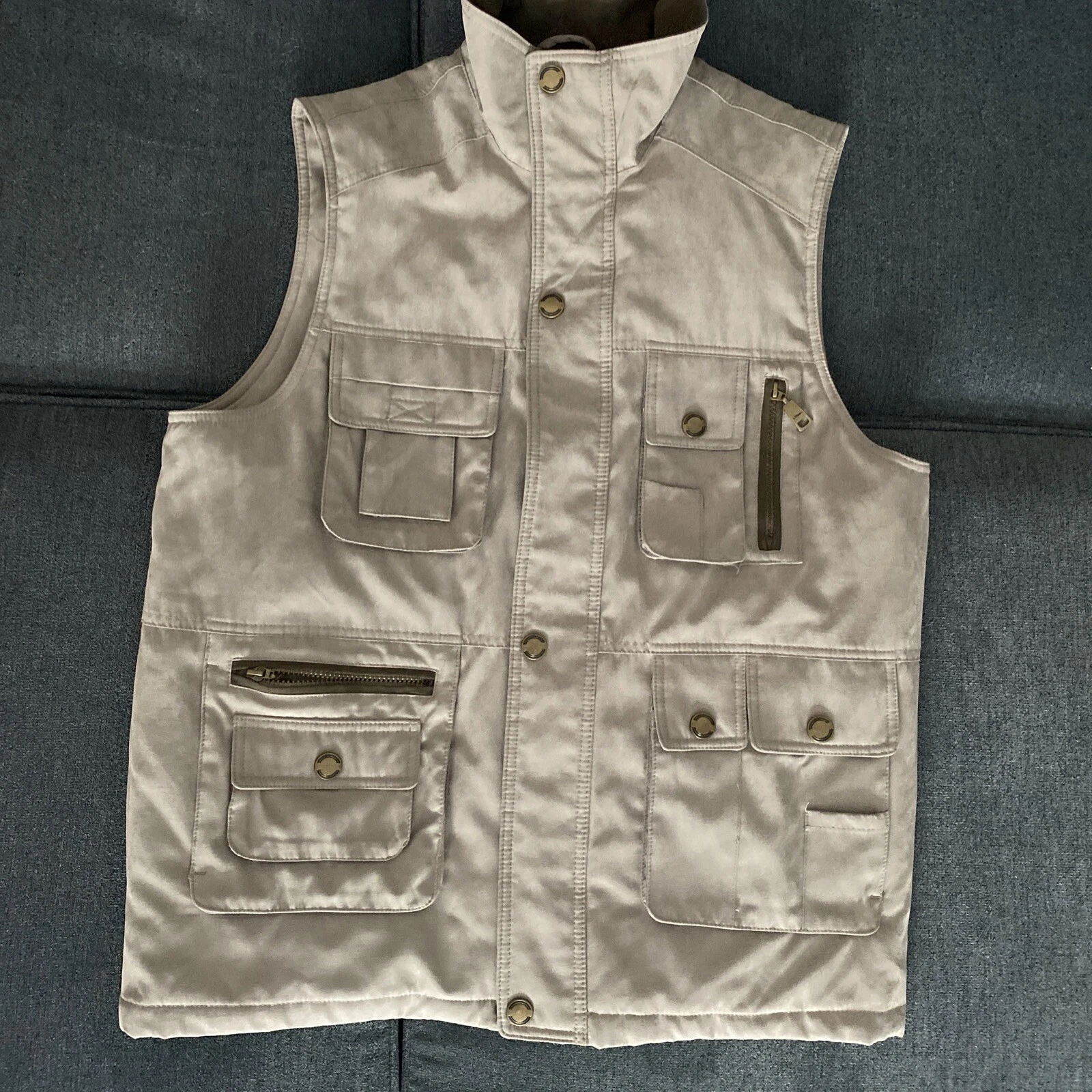 Mian Outdoor Utility Vest Mens Khaki Tan Micro Suede Finish M Medium Full Zip