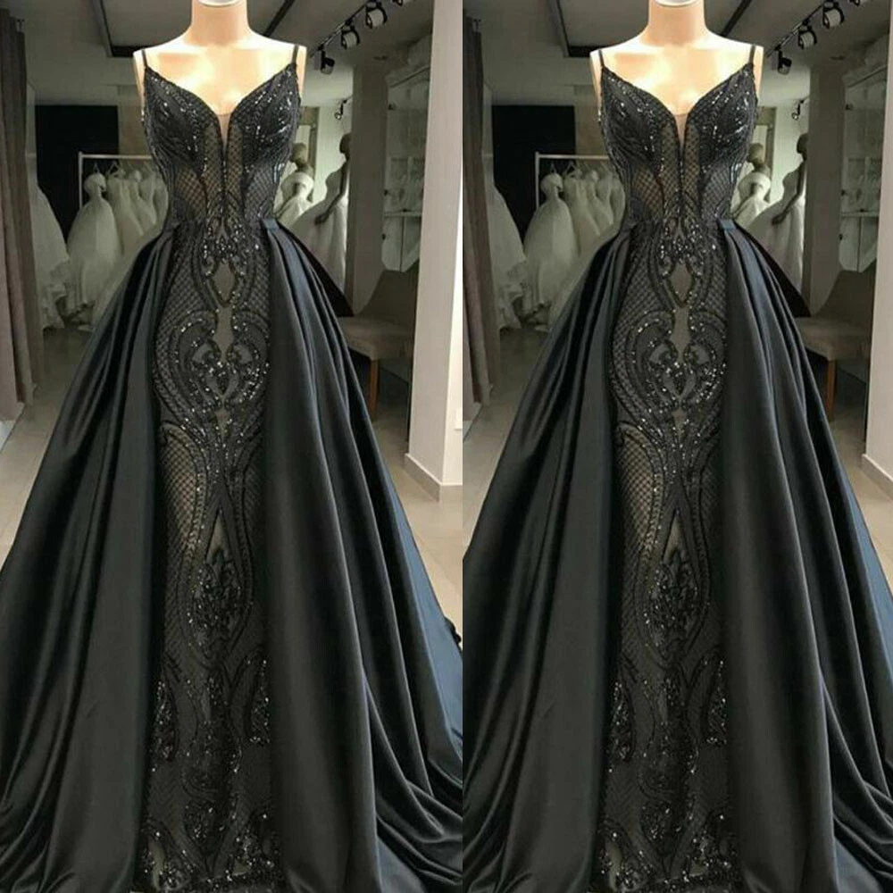 Mermaid Black Prom Dresses Gothic Sequined Formal Detachable Train Evening Gowns eBay