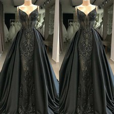 Mermaid Black Prom Dresses Detachable Train Gothic Luxury Formal Evening Gowns