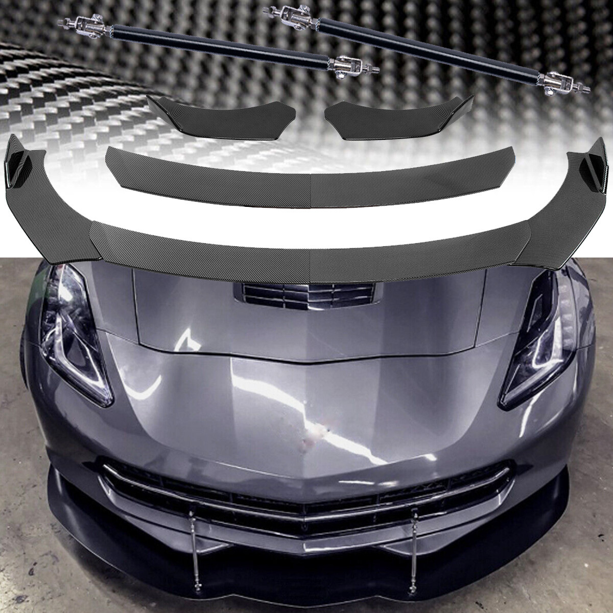 For Chevrolet Corvette Carbon Fiber Front Bumper Lip Splitter Spoiler Strut Rods