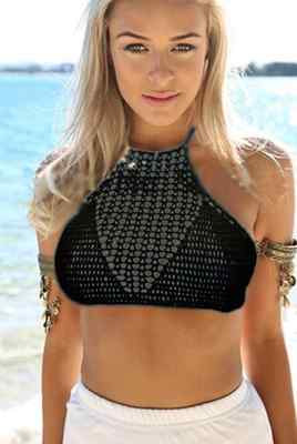 Damen schwarz Beachwear Häkel ärmellos Crop Cropped Top Bikini Größe 8-10