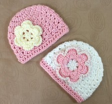 2 x Handmade Crochet Baby Hat Beanies with Flower Newborn -3 Months NEW, SOFT