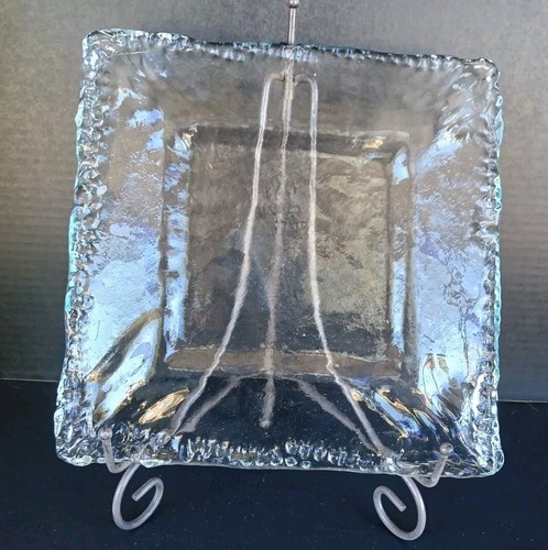 Clear Iceberg Art Glass Square Serving Plate 10.5" Crimp Edge Unique Artisan - Picture 13 of 24