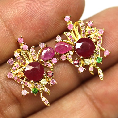 925 Sterling Silver Red Ruby, Tsavorite Garnet & Sapphire Earrings 18K Gold - Picture 2 of 4
