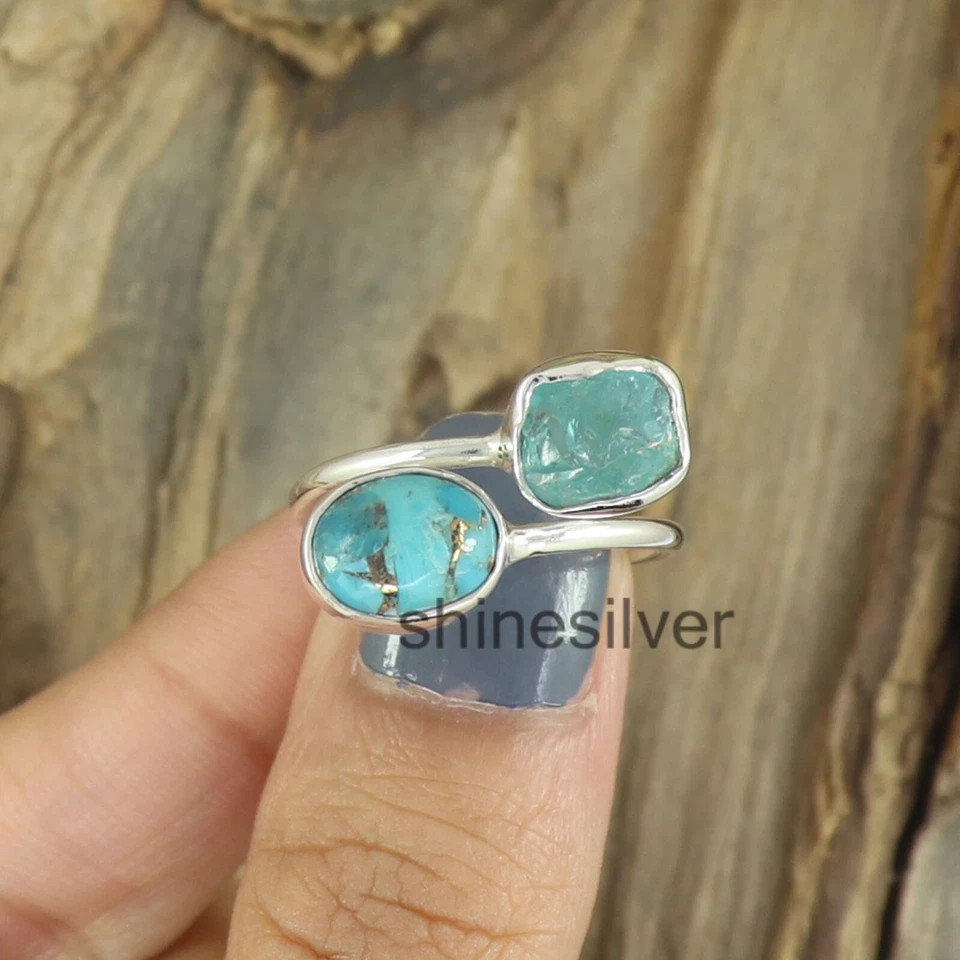 Anillo Aguamarina Cruda Azul Cobre Turquesa Ajustable Plata Esterlina Cristal Anillo Foto 3 de 3