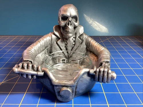 Arteology Motorcycle Biker Skeleton Ashtray Or Incense 1991  Silver Color Signed