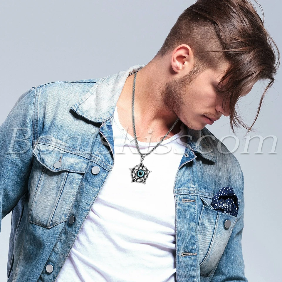 Cadena de collar colgante de mal de ojo hueco pentáculo hueco de acero inoxidable vintage para hombre Foto 4 de 4
