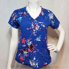 Butter Soft Easy Stretch Scrubs Top Blue Floral Lightweight XS