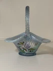 VTG Fenton Iris On Misty Blue Iridescent Glass Basket Hand Painted Artist Signed