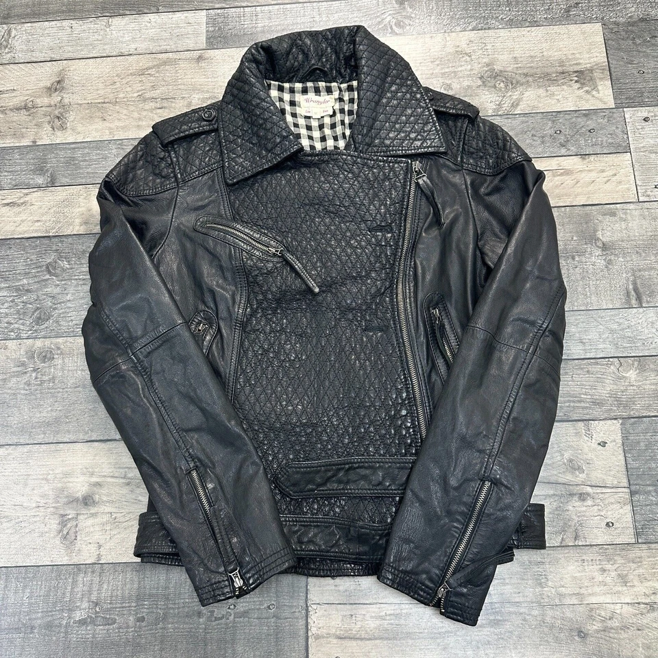 Wrangler Leather Biker Jacket Motorcycle Full Zip Retro Y2K Black Womens XL - Image 3 of 4