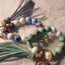 Floral Multicolor Strech Silicone Beaded Keychain Bracelet w/ Tassel Lot Of 2