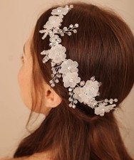 Silver Crystal Hair Vine Brides Flower Headband Wedding Floral White 1 PCS