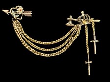 VTG Signed Coro Chatelaine Brooch/ Sweater Guard~Crown-Swords-Heart~1940s-50s