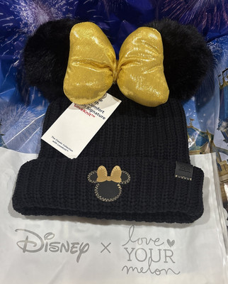 Disney Minnie Mouse Black Knit Hat with Gold Bow Love Your Melon With Bag NWT.