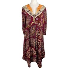 Maeve Boho Autumn Midi Dress Medium Sharktooth Hem Paisley Burgundy Anthro