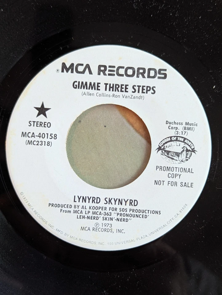 RARE MINT 1973 MCA/SOTS Promo 45, Lynyrd Skynyrd-Gimme Three Steps Stereo/Mono - Image 3 of 4