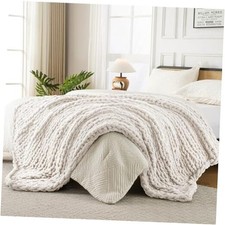 Ultra Soft Chunky Knit Blanket Throw 50" 60" Medium Size Throw Cream White