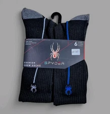 SPYDER Mens Socks Crew Cushioned Everyday Work 6 Pair Shoe Size 6-12 Black