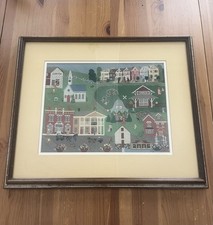 needlepoint framed art Vintage Framed Needlepoint Town Square Scene 17" x 14.5" — listing 2