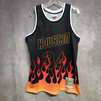 NWT Mitchell & Ness Houston Rockets Hakeem Olajuwon 34 Flames Jersey Mens L $150