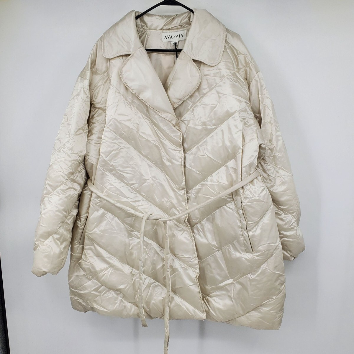 NWT Ava Viv Cream Long Belted Women's Puffer Jacket Winter Coat Size 1X