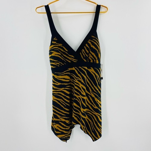 AGB Womens Tank Top Cami Yellow Black Zebra Print Strappy Back Tie V Neck 16 New - Picture 1 of 5