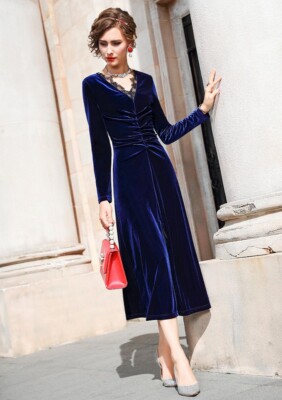 chinese dress ladies Burnished Gold Velvet Bridesmaid Dress Mermaid Maxi V-Neck