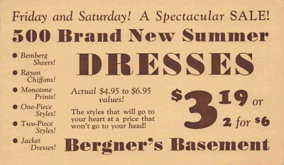 500 Summer Dresses, $3.19 Each, Bergner's Basment, Peoria, Illinois IL 1938