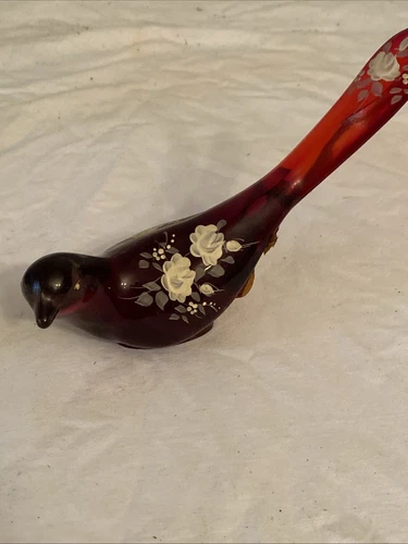 Vintage Fenton Hand-Painted White Roses Ruby Red Glass Bird Artist Signed Debi A