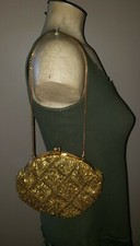 Vintage 1950s Gold Beaded Evening Bag Handbag Purse metallic oval Hong Kong