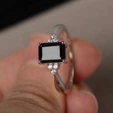 0.9ct Emerald Cut Black Simulated Diamond Ring 14k White Gold Plated Solitaire