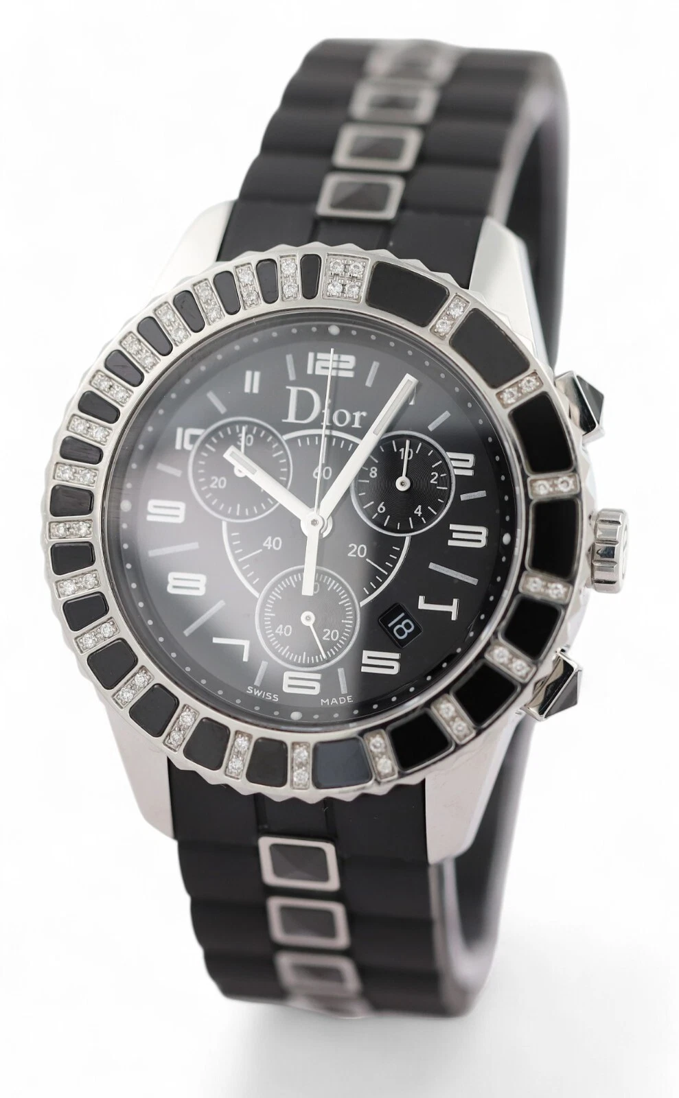 Chronographe Christian DIOR Christal diamant noir saphir   bracelet caoutchouc   39 mm