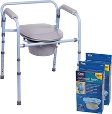 3-In-1 Folding Bedside Commode with 14 Pack Commode Liners - Porta Potty for Adu