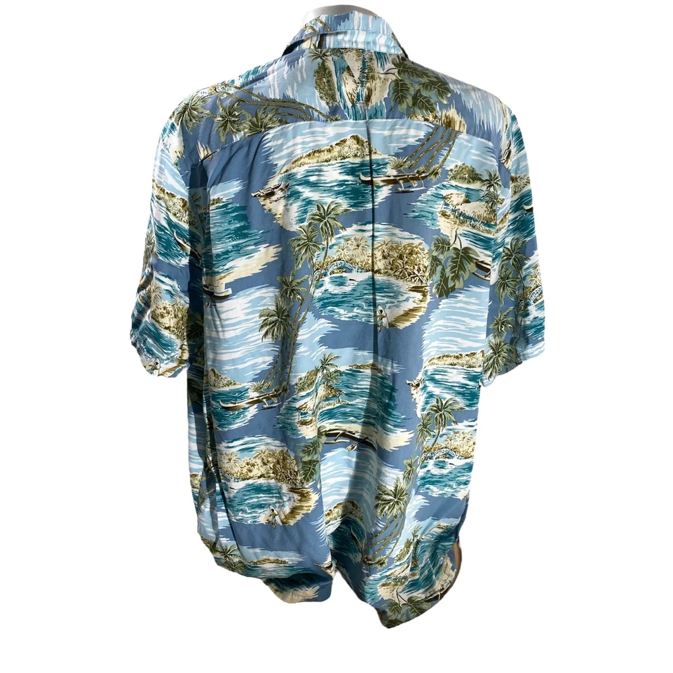 Camisa Hawaiana Hilo Hattie 4XL Islas Palmeras Estacionador Barcos Azul Marrón Foto 3 de 4