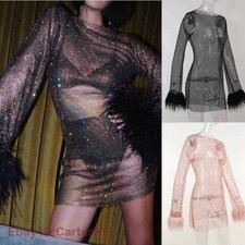 Women Shiny Mesh Mini Dress See Through Feathers Tassel Full Sleeve Club Dresses
