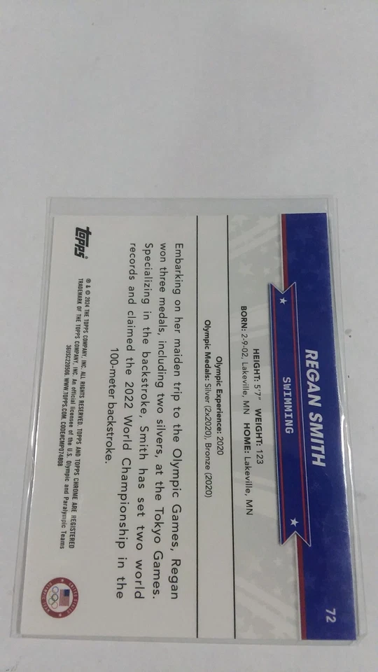 2024 Topps Chrome Olympics Regan Smith Orange 23/25 #72 Swimming - Image 2 of 2