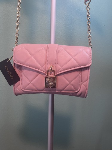 bebe Pink Small Crossbody Bag Gold Chain Turn Lock Detachable Strap Pockets