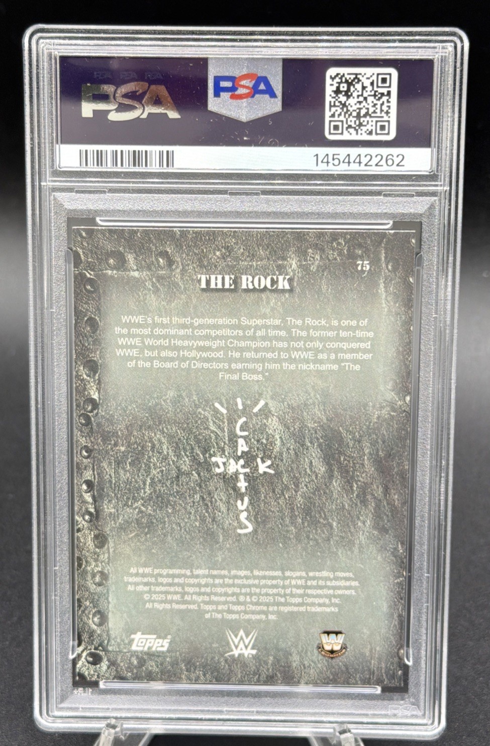 2025 Topps Chrome WWE x Cactus Jack The Rock #75 PSA 10 GEM MINT view 2