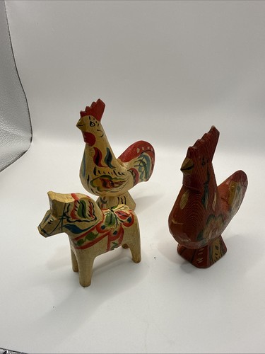 Vintage Swedish 3” Dala Horse and 2 4” Rooster NILS OLSSON Mini Hand Painted