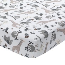 Lambs Ivy Baby Jungle Animals White/Gray/Taupe Cotton Fitted Crib Sheet