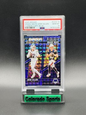 JOSH ALLEN / DRAKE MAYE 2025 Panini Mosaic Carbon Copy Blue Prizm 93/99 PSA 10