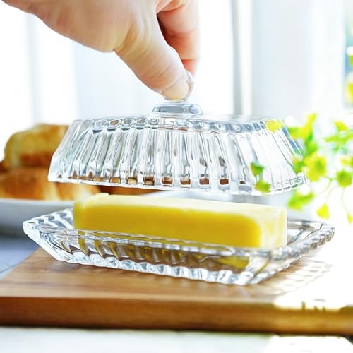 QFkris 6.5'' Glass Butter Dish with Lid,Clear Classic Covered Clear 