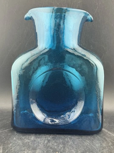 Blenko Turquoise /Azure Blue Glass Double Spout Water Bottle Seedy Early / See