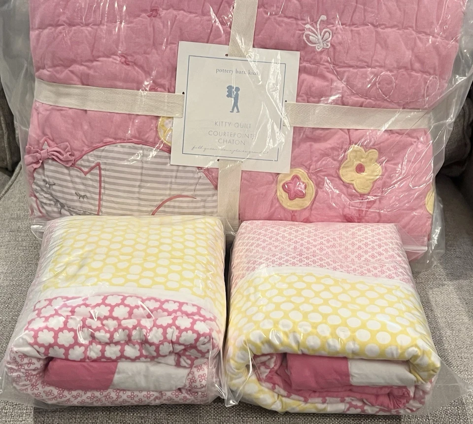 NUEVO Edredón Completo/Reina Pottery Barn Niños Niña Gatito Gato y Euro Shams, Rosa/Gris Foto 2 de 4