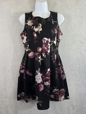 EUC Sweet Storm Dress Womens Medium Black Floral Satin Fit Flare Party Cocktail