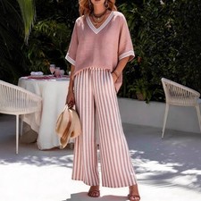 Set Donna Top Maniche Corte Scollo A V Rigato Pantaloni A Palazzo Largo