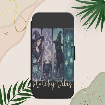 Hexerei Katze Halloween Handy Hülle für iPhone Samsung Pixel Flip Wallet Cover