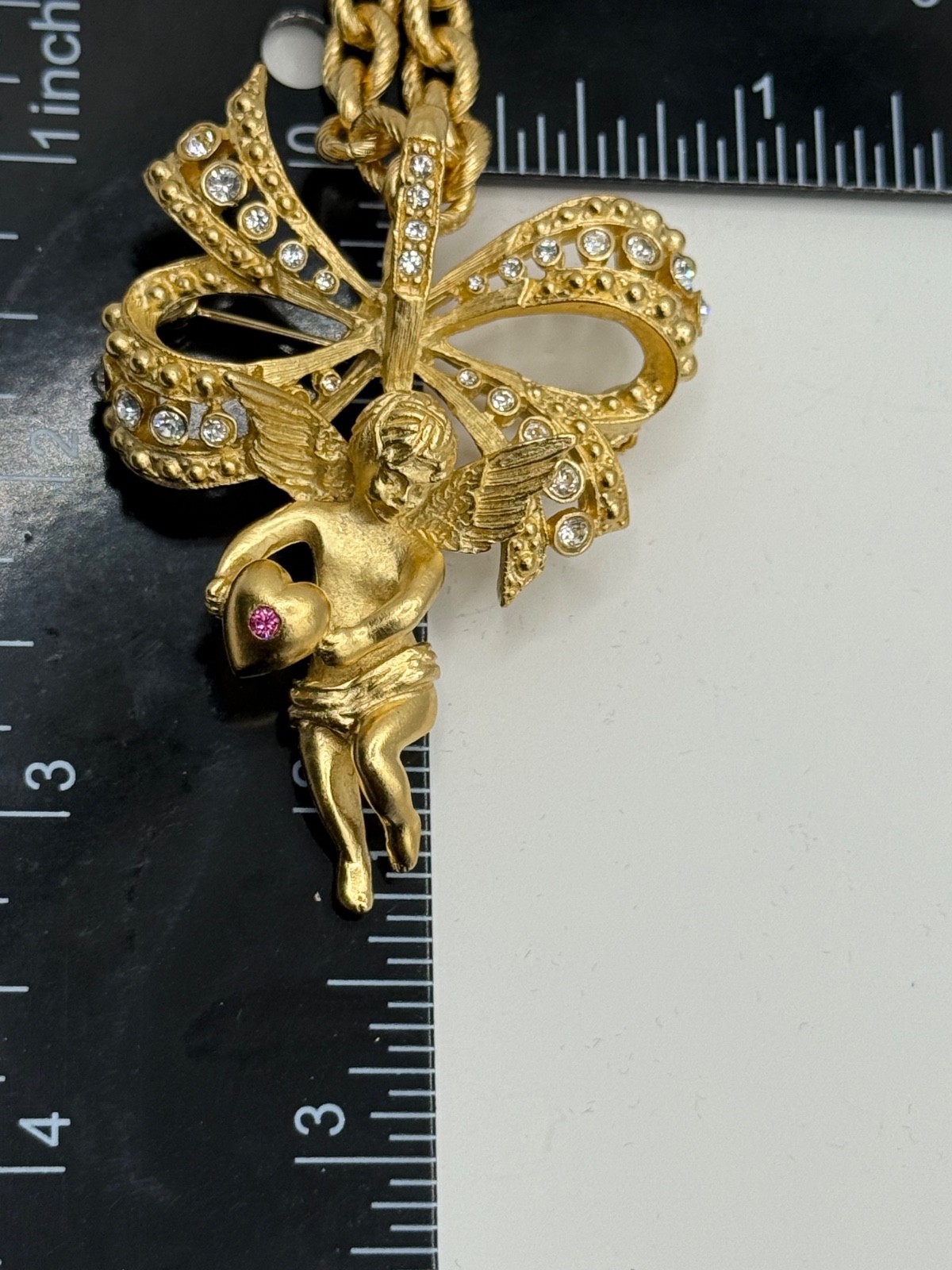 Camrose Kross JBK Bow Necklace Cherub Rhinestone Pendant Gold Tone 20"