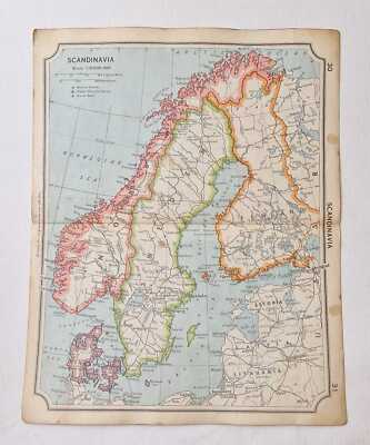BARTHOLOMEW 1943 Colour Atlas Regional Map of Scandinavia